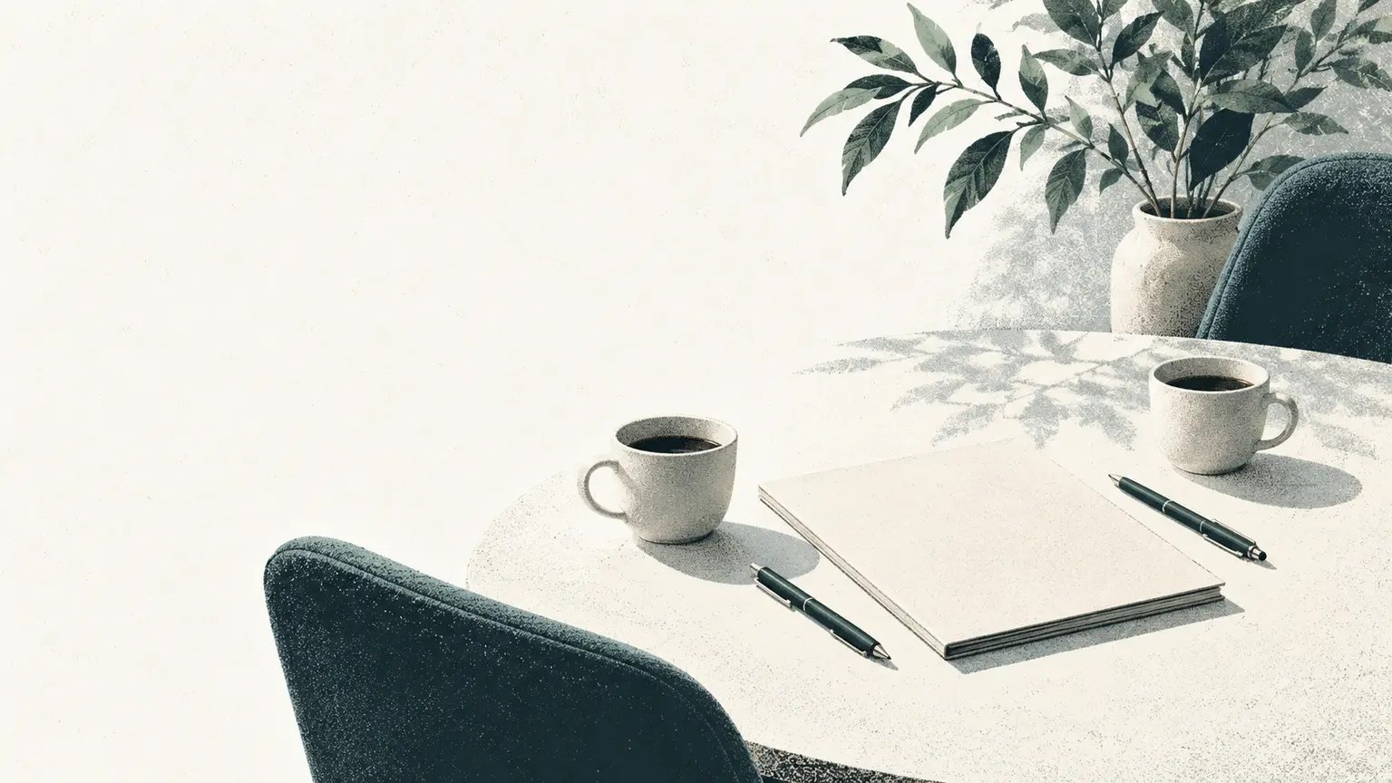 A centred working document between two chairs, representing a first acquisition conversation.